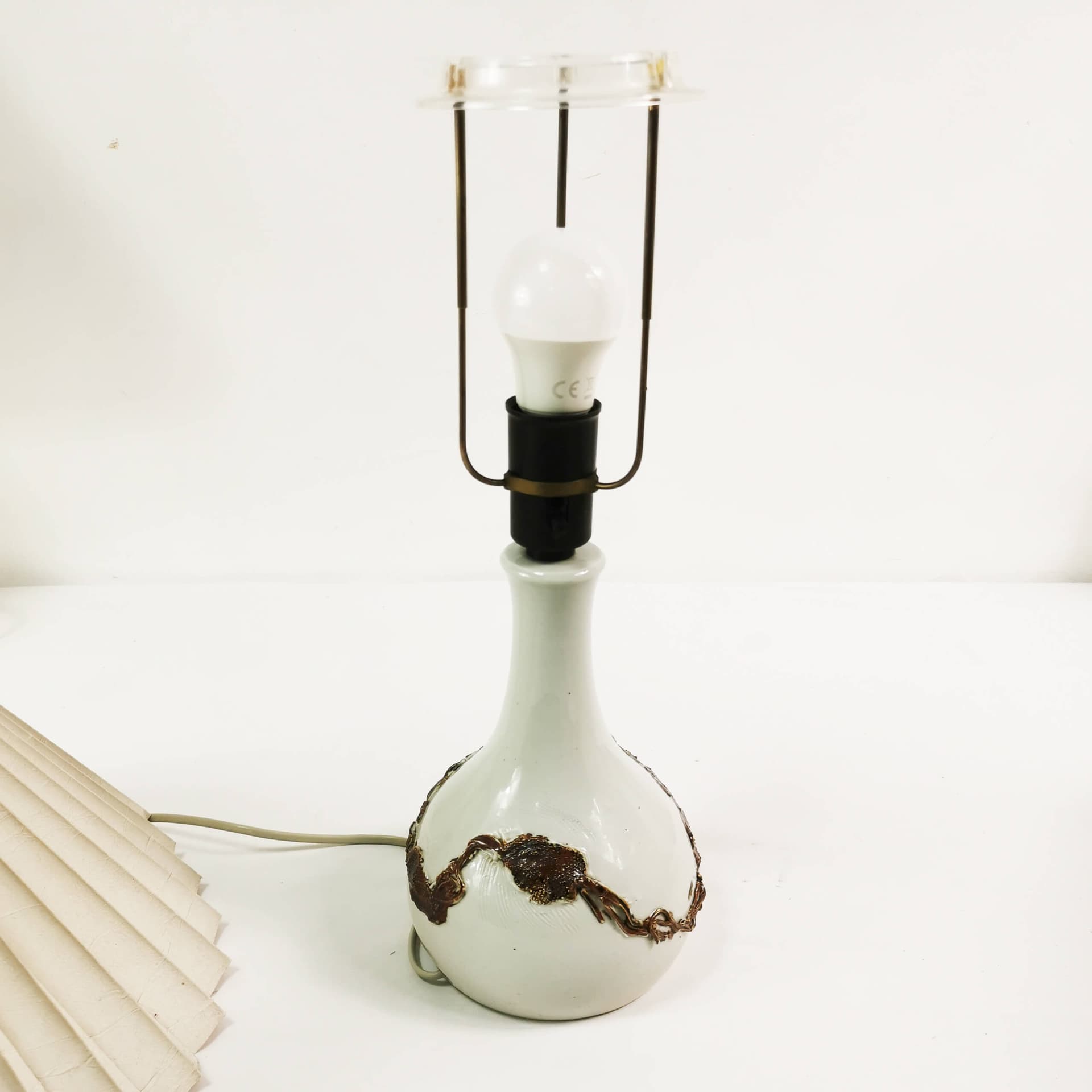 Table Lamp Mid Century, beige brown ceramic, cream fabric, Denmark, 1960s - 361968