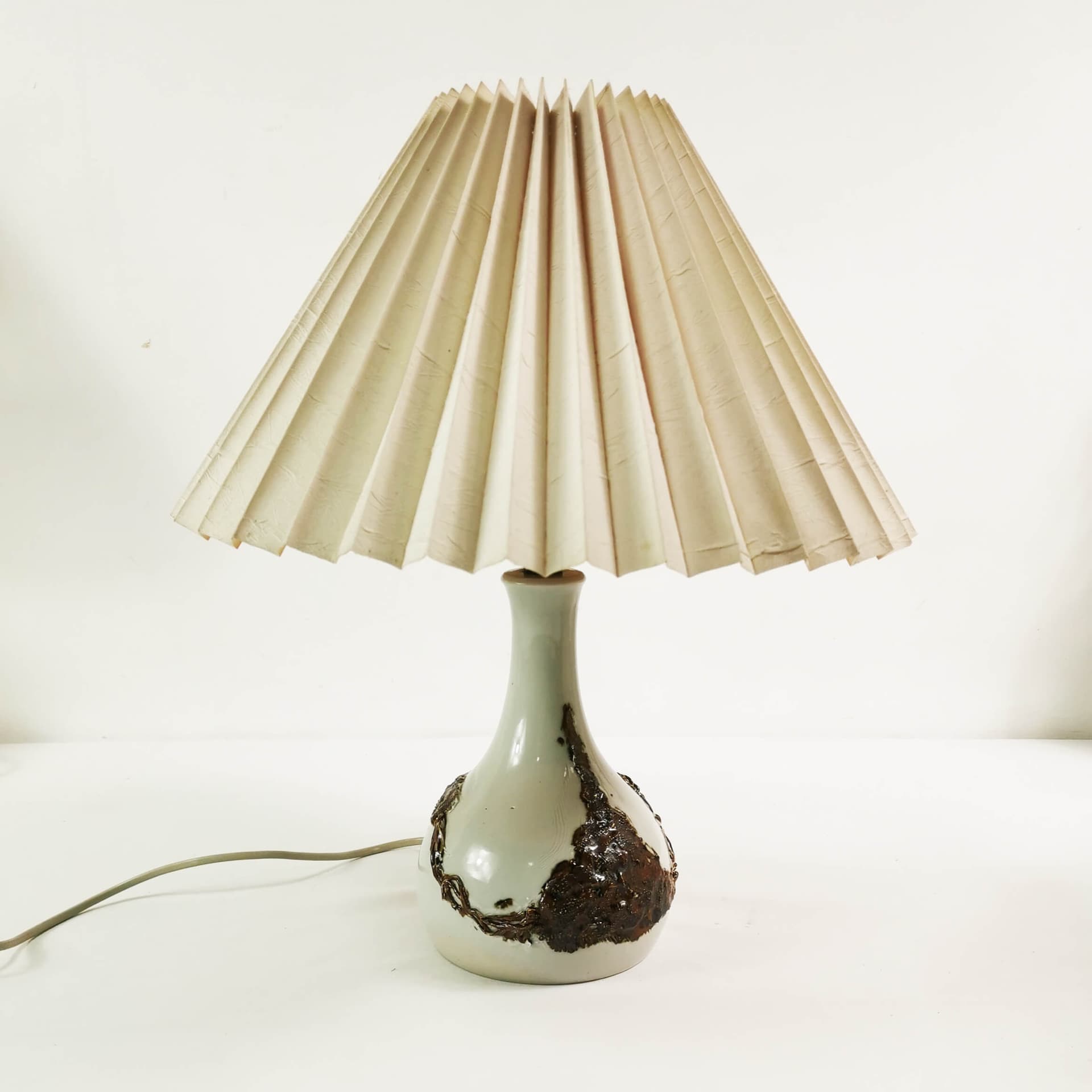 Table Lamp Mid Century, beige brown ceramic, cream fabric, Denmark, 1960s - 361979