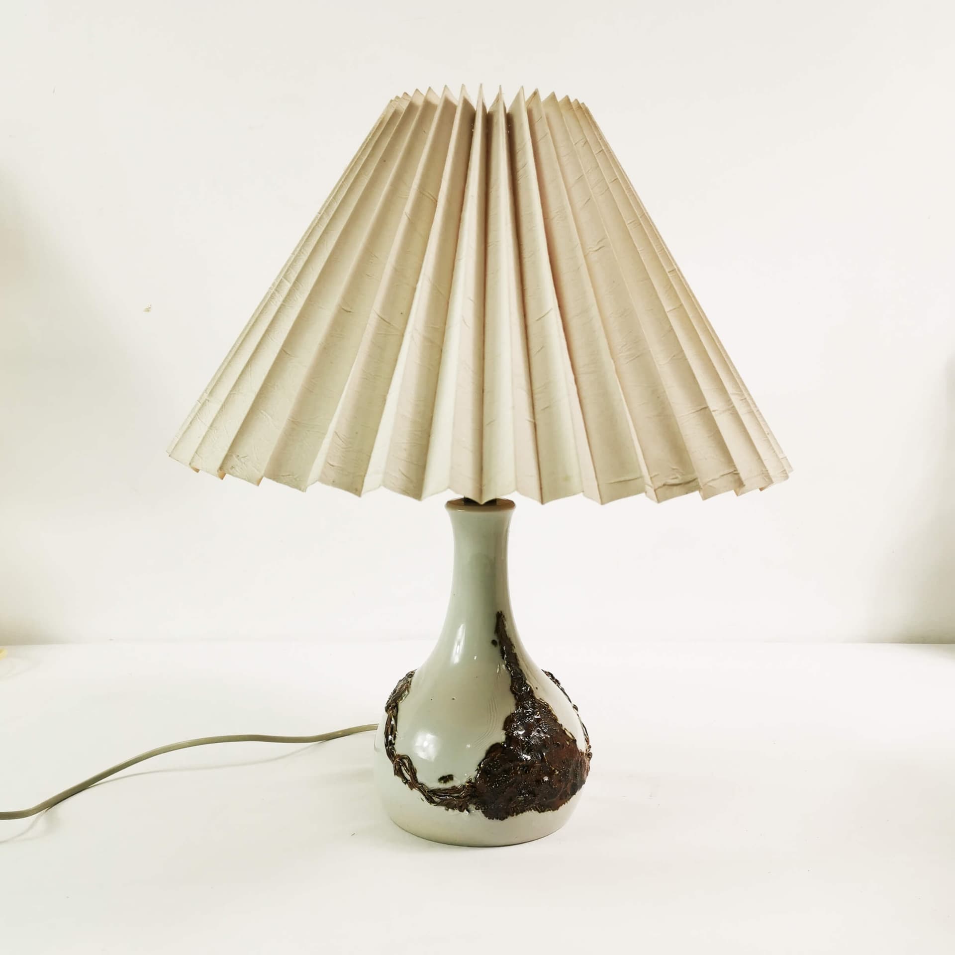 Table Lamp Mid Century, beige brown ceramic, cream fabric, Denmark, 1960s - 361966