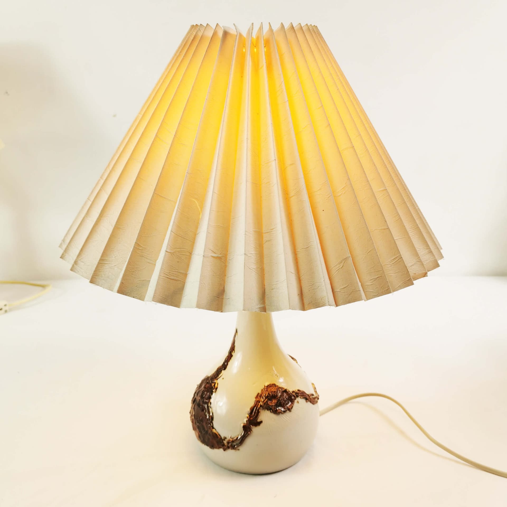 Table Lamp Mid Century, beige brown ceramic, cream fabric, Denmark, 1960s - 361967