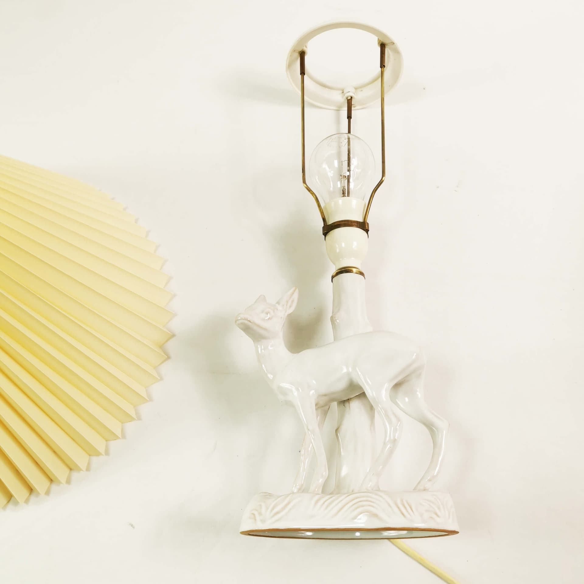 Table Lamp Art Deco, white ceramic, beige plastic shade, Denmark, 1960s - 361990