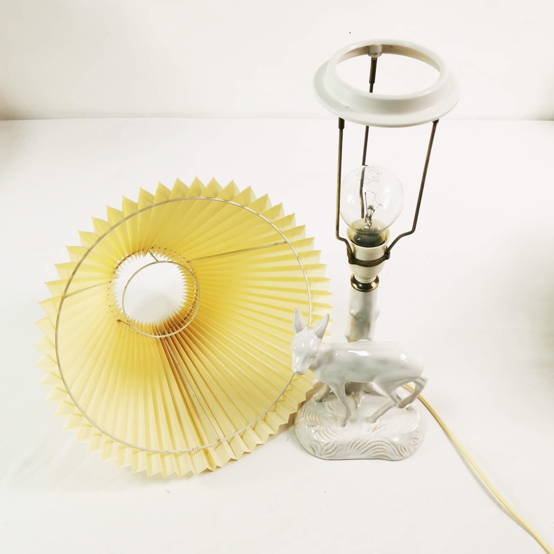 Table Lamp Art Deco, white ceramic, beige plastic shade, Denmark, 1960s - 361994