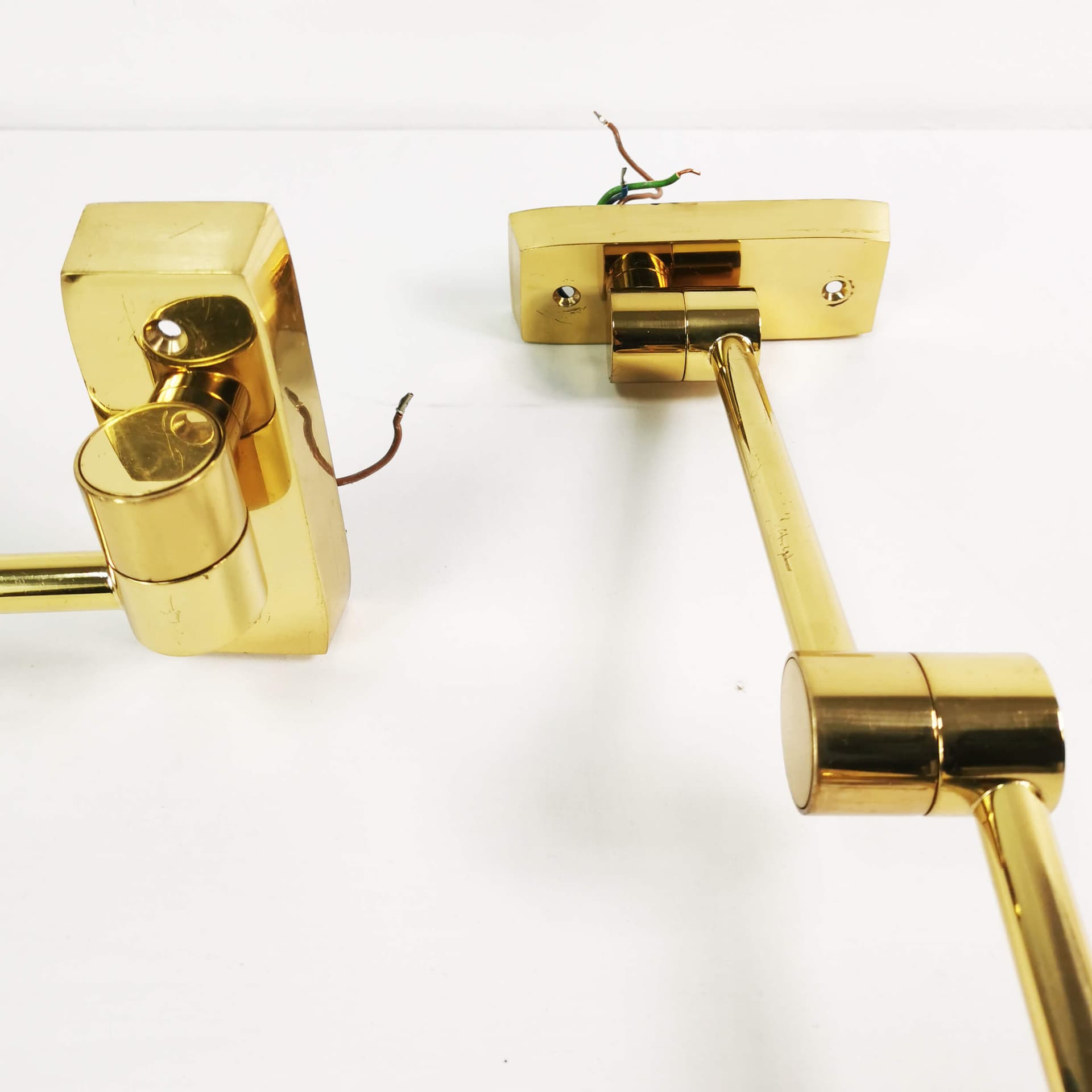 Pair of modernist wall lamps, gold metal, brass, Baulmann Leuchten, Germany, 1970s - 362030