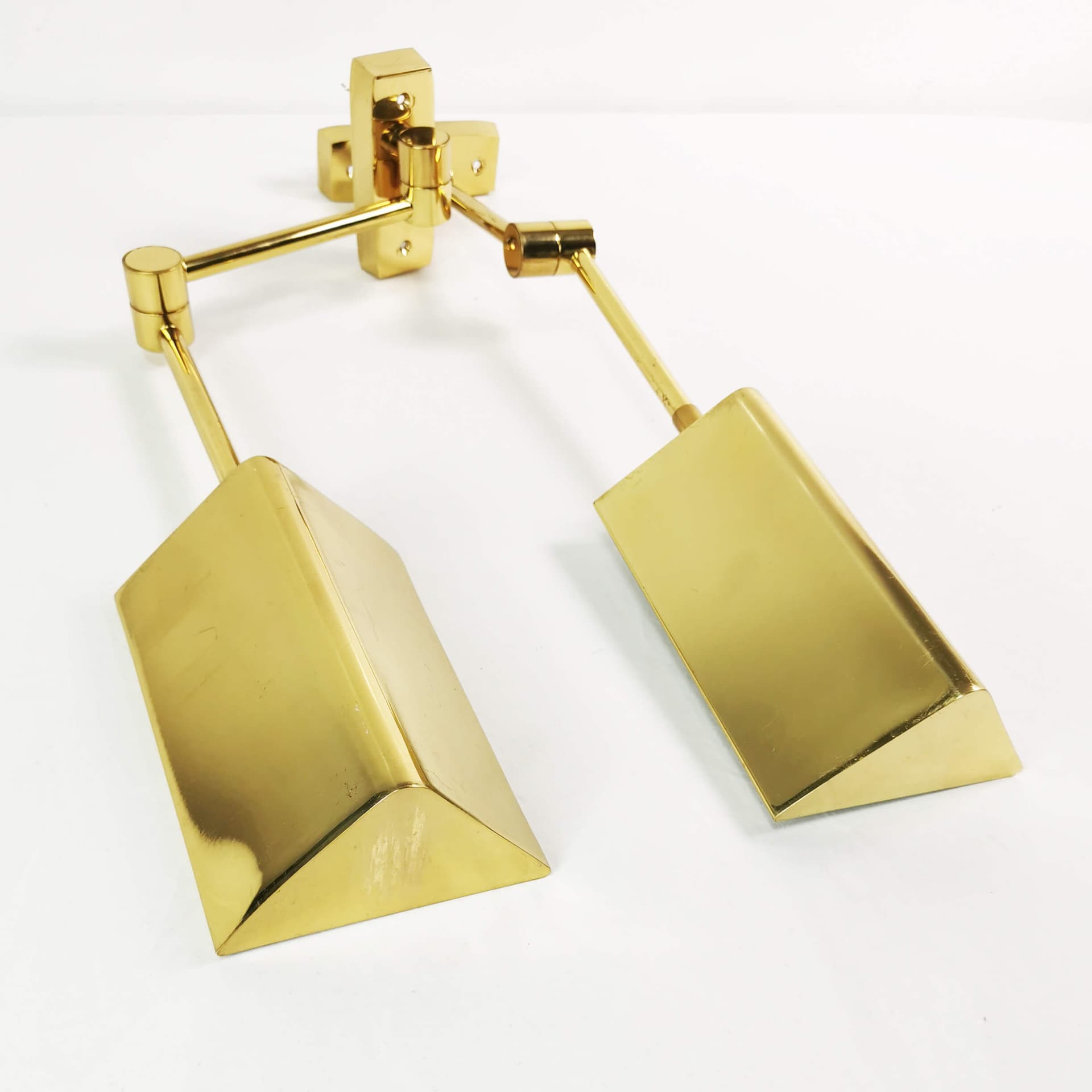 Pair of modernist wall lamps, gold metal, brass, Baulmann Leuchten, Germany, 1970s - 362029