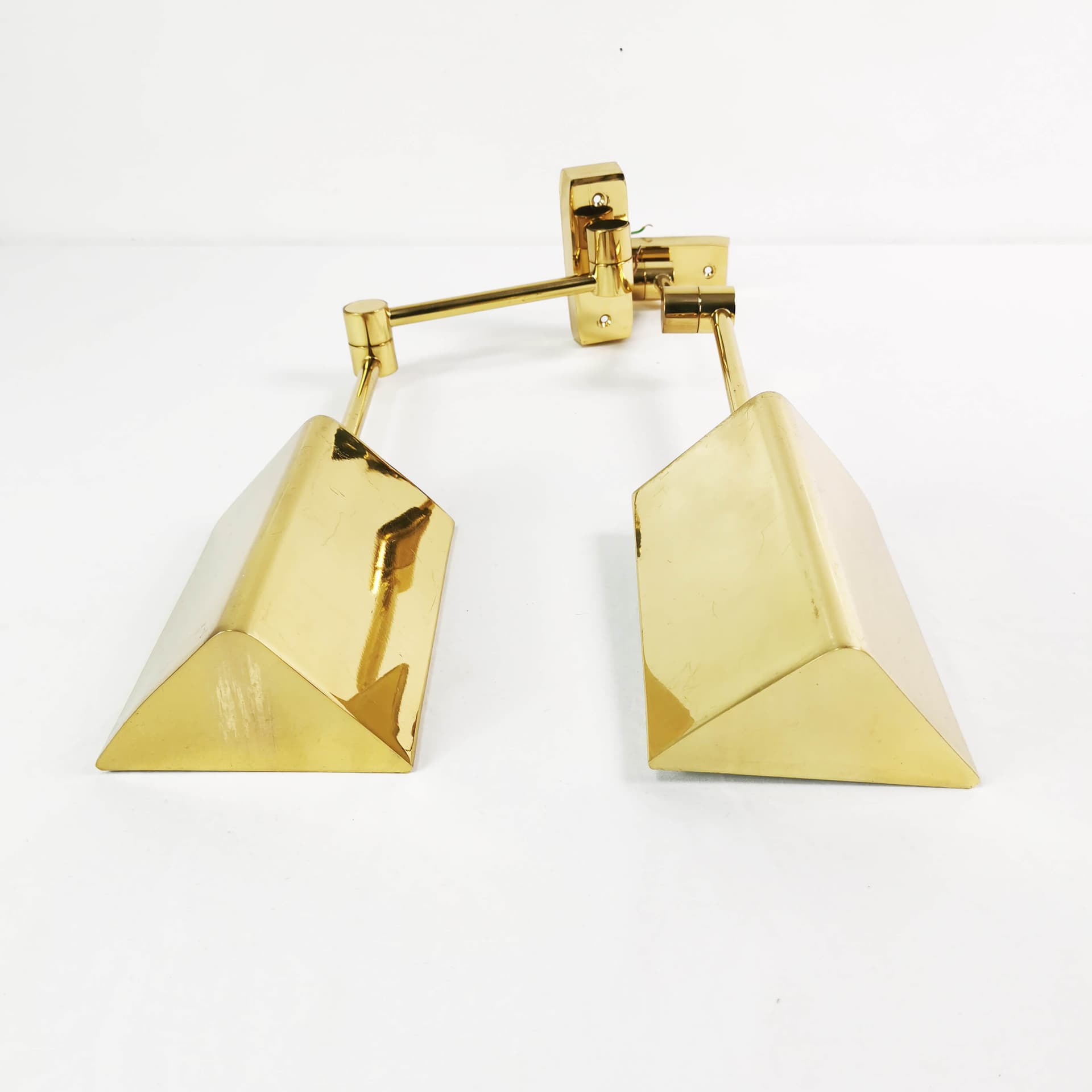 Pair of modernist wall lamps, gold metal, brass, Baulmann Leuchten, Germany, 1970s - 362028