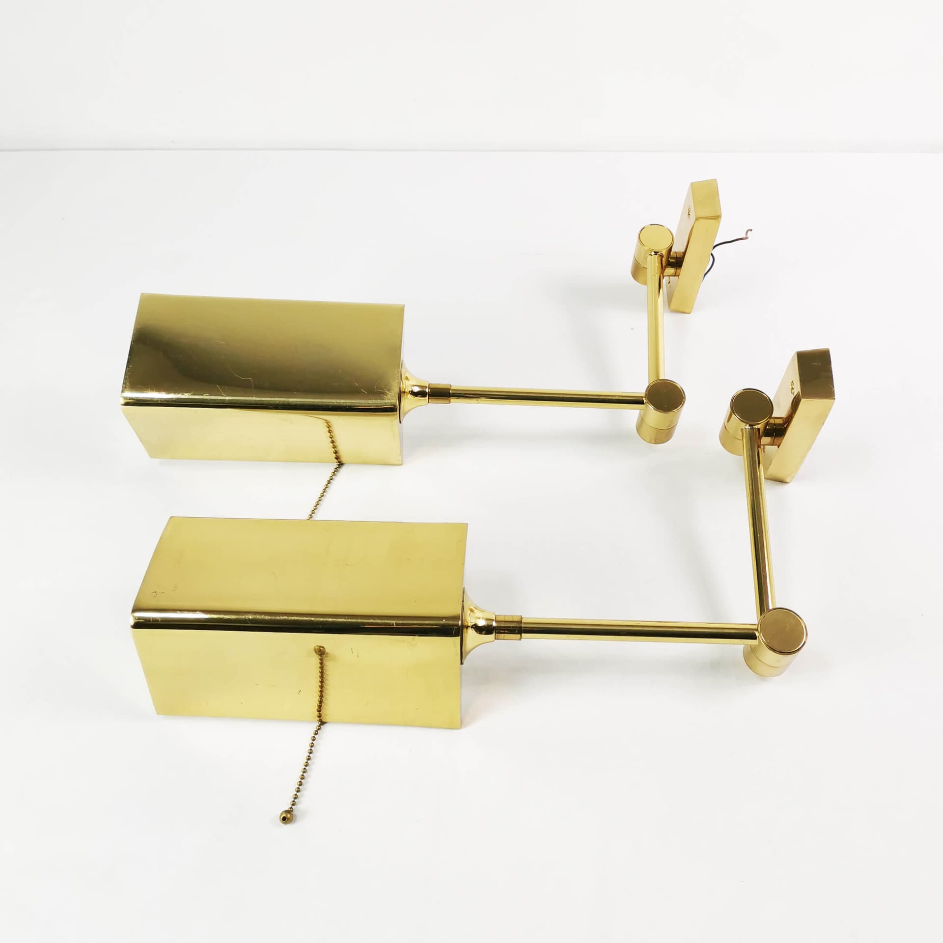Pair of modernist wall lamps, gold metal, brass, Baulmann Leuchten, Germany, 1970s - 362019