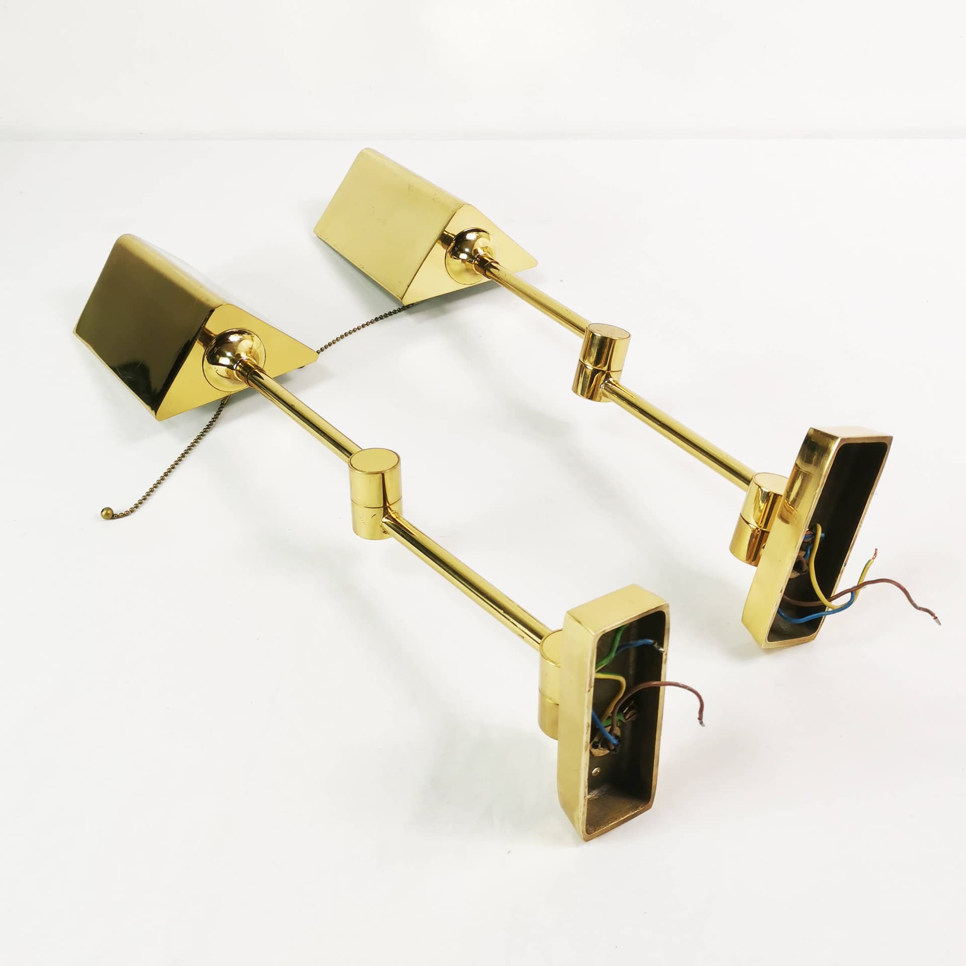 Pair of modernist wall lamps, gold metal, brass, Baulmann Leuchten, Germany, 1970s - 362022