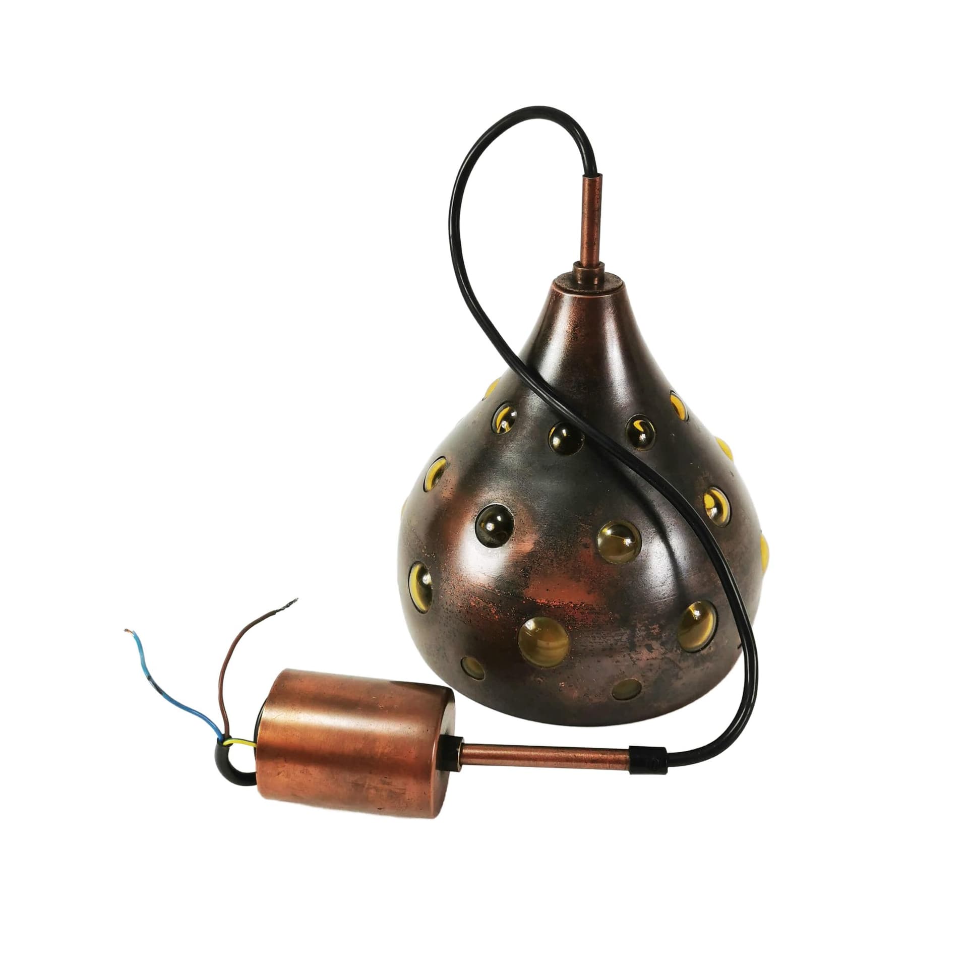 Pendant lamp, brown copper, yellow glass, by N. Still, Raak, Netherlands, 1960s.