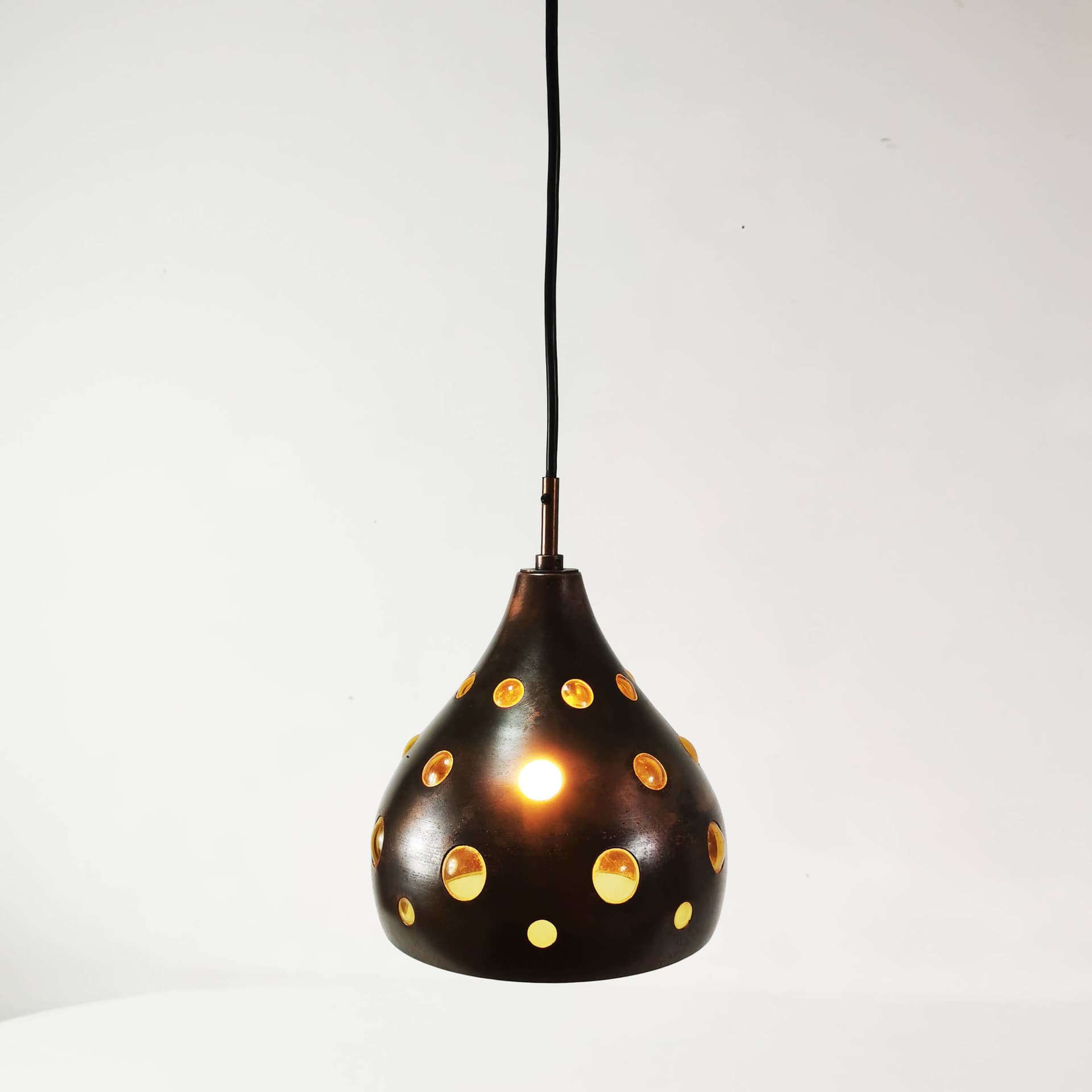 Pendant lamp, brown copper, yellow glass, by N. Still, Raak, Netherlands, 1960s. - 362055