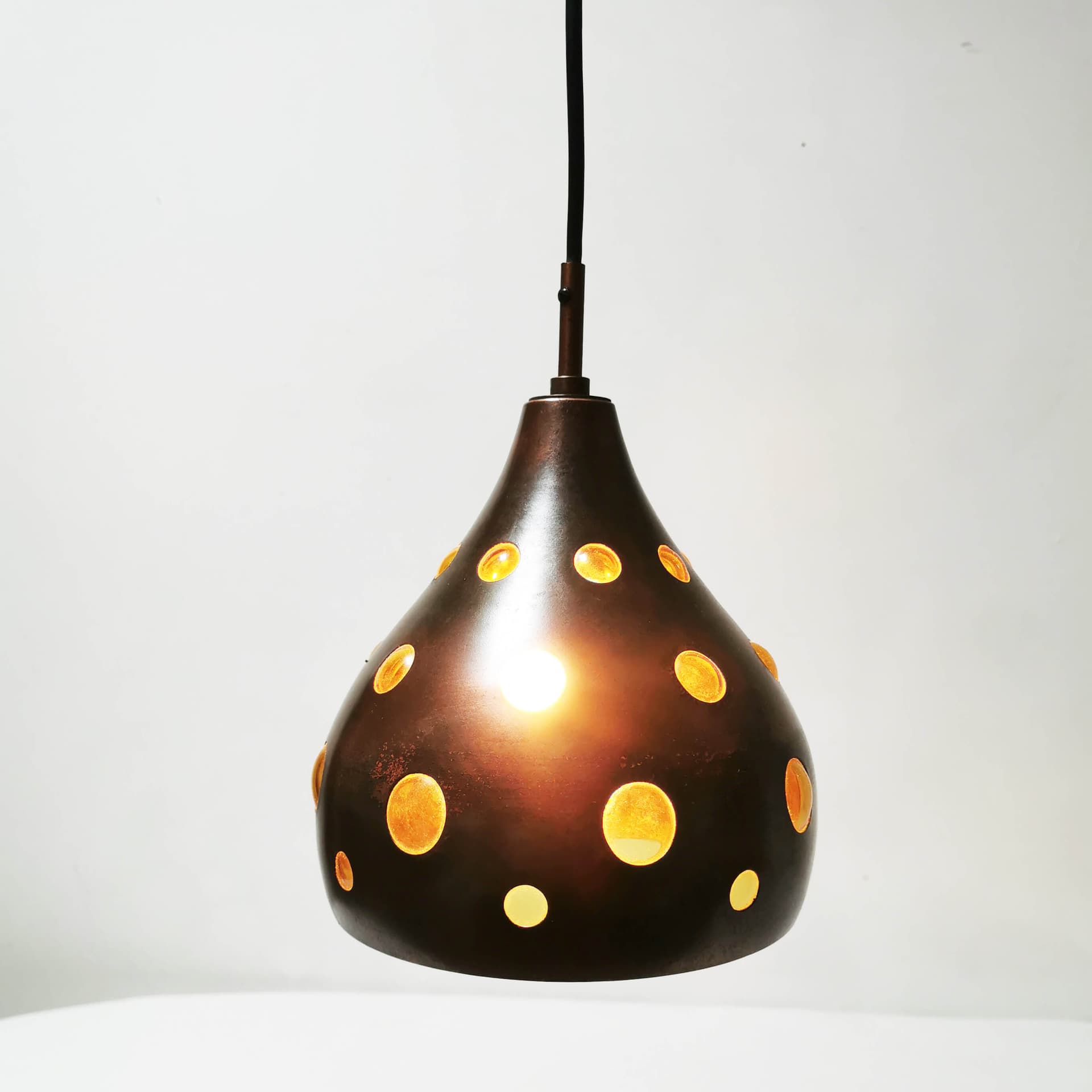 Pendant lamp, brown copper, yellow glass, by N. Still, Raak, Netherlands, 1960s. - 362066