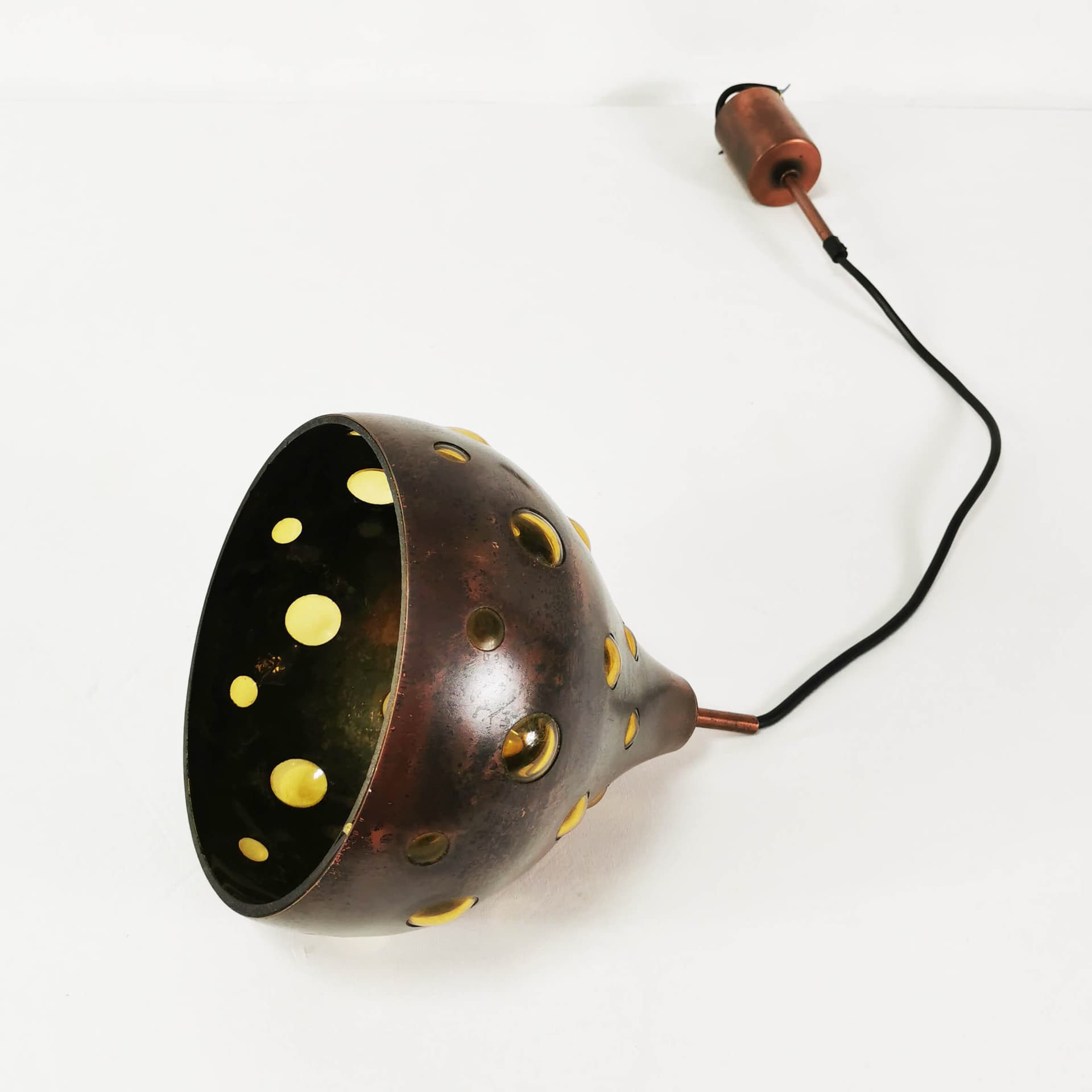 Pendant lamp, brown copper, yellow glass, by N. Still, Raak, Netherlands, 1960s. - 362062