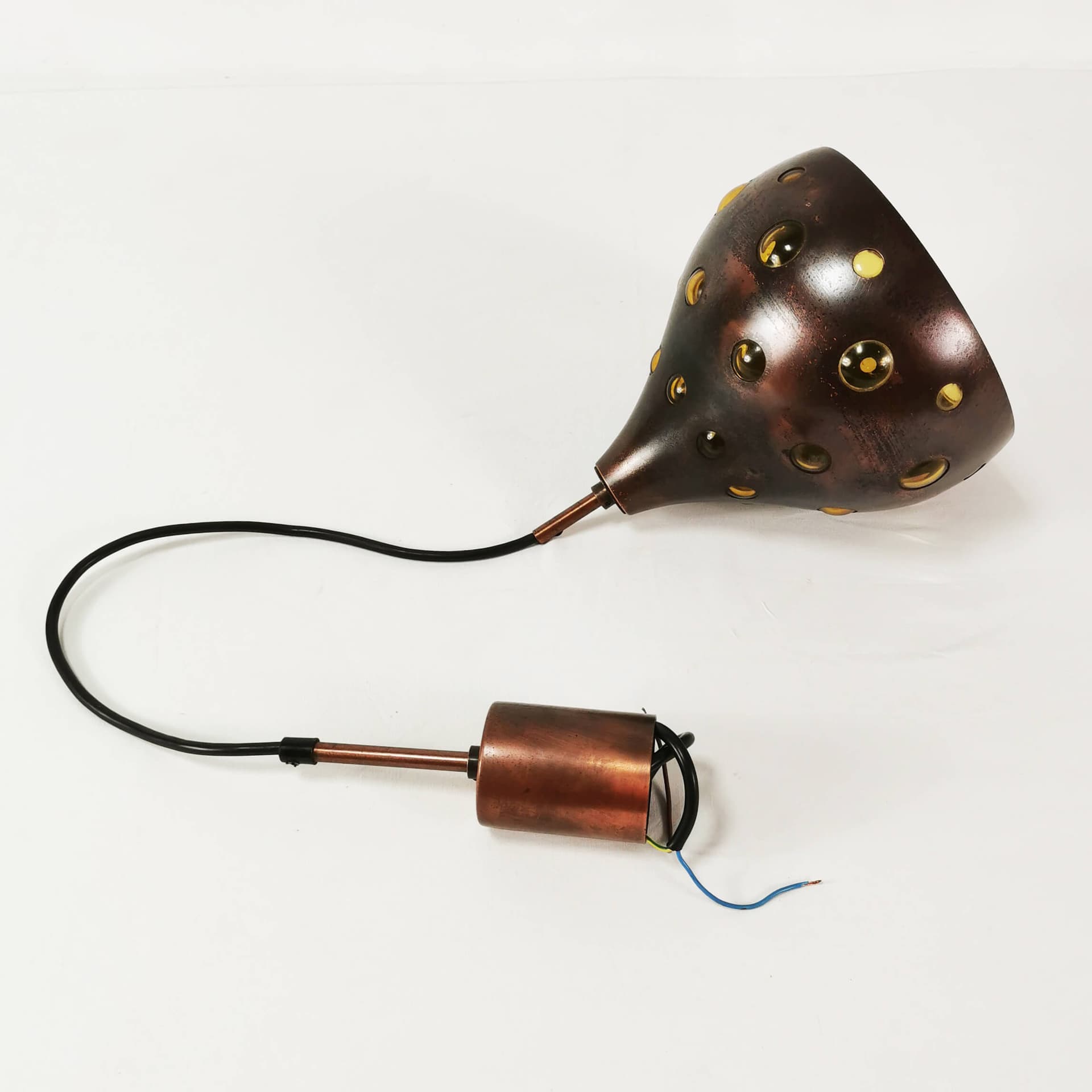 Pendant lamp, brown copper, yellow glass, by N. Still, Raak, Netherlands, 1960s. - 362065
