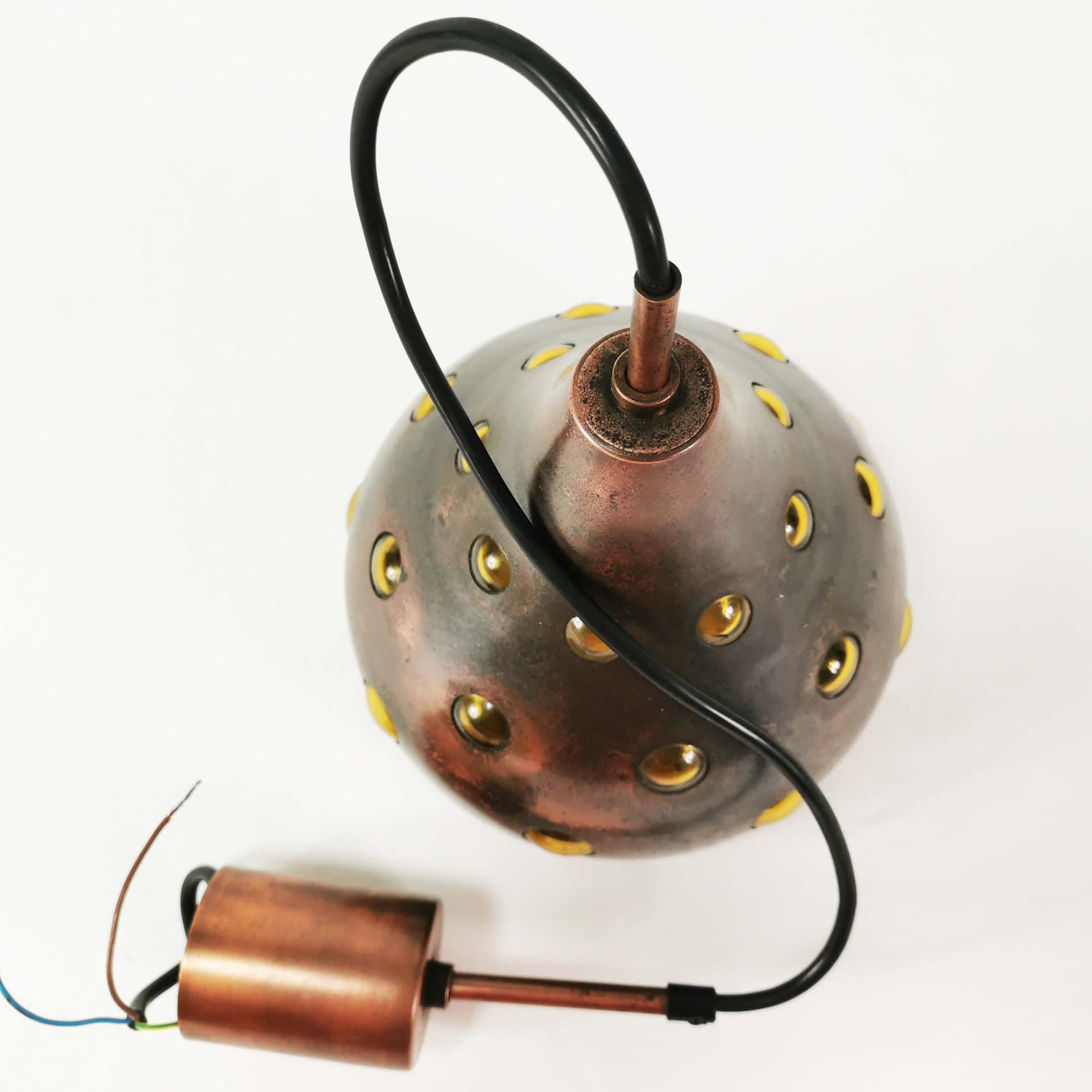 Pendant lamp, brown copper, yellow glass, by N. Still, Raak, Netherlands, 1960s. - 362059