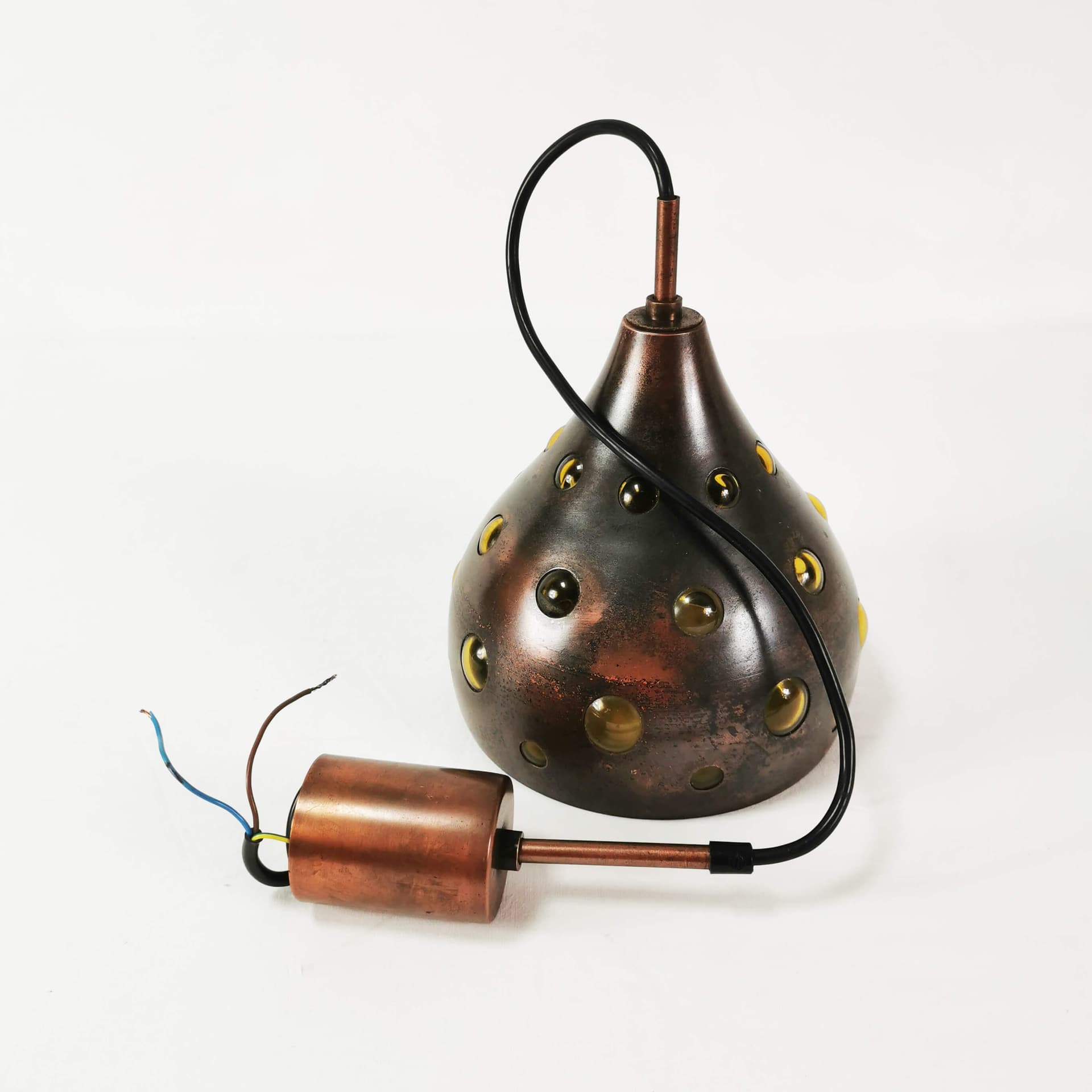 Pendant lamp, brown copper, yellow glass, by N. Still, Raak, Netherlands, 1960s. - 362058