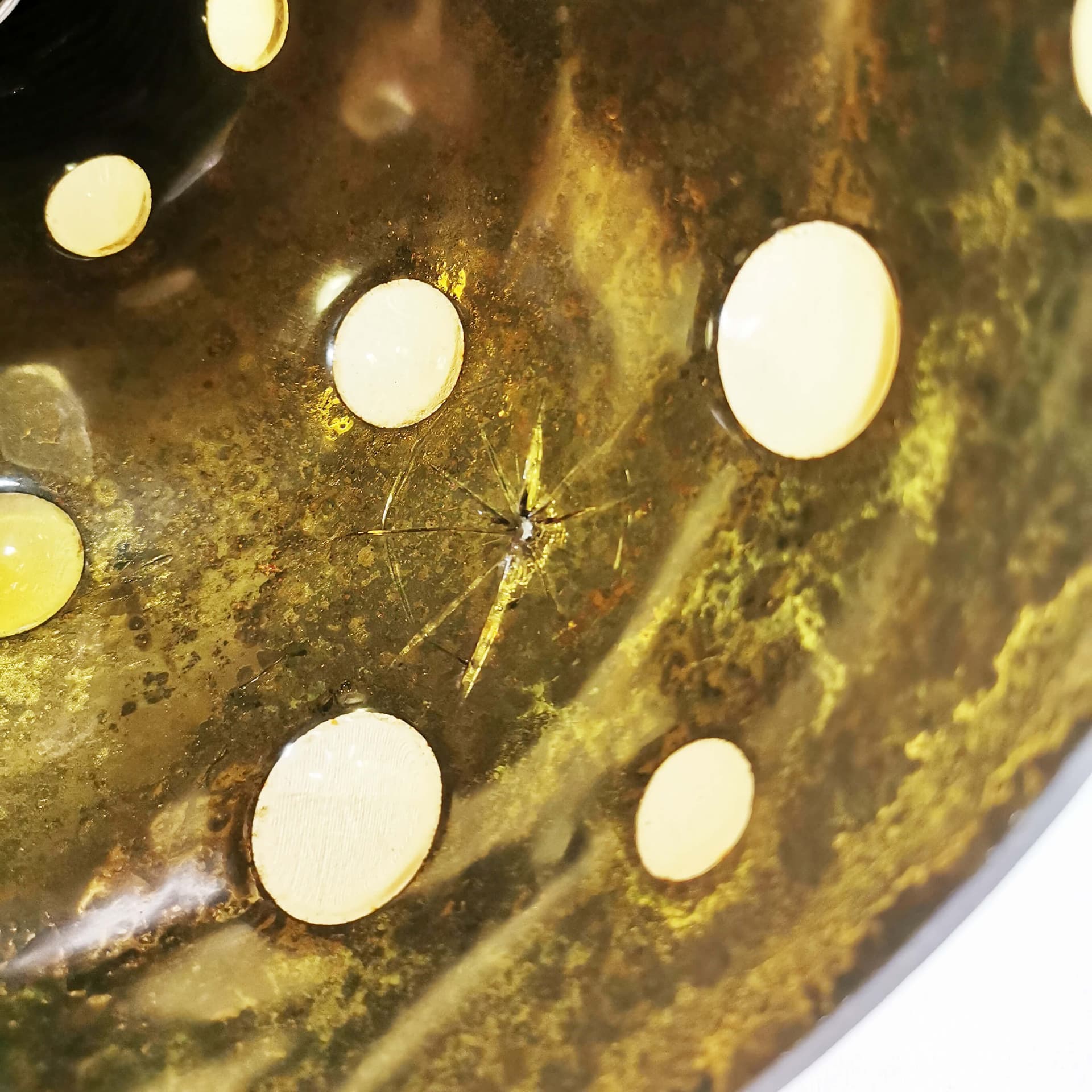 Pendant lamp, brown copper, yellow glass, by N. Still, Raak, Netherlands, 1960s. - 362064