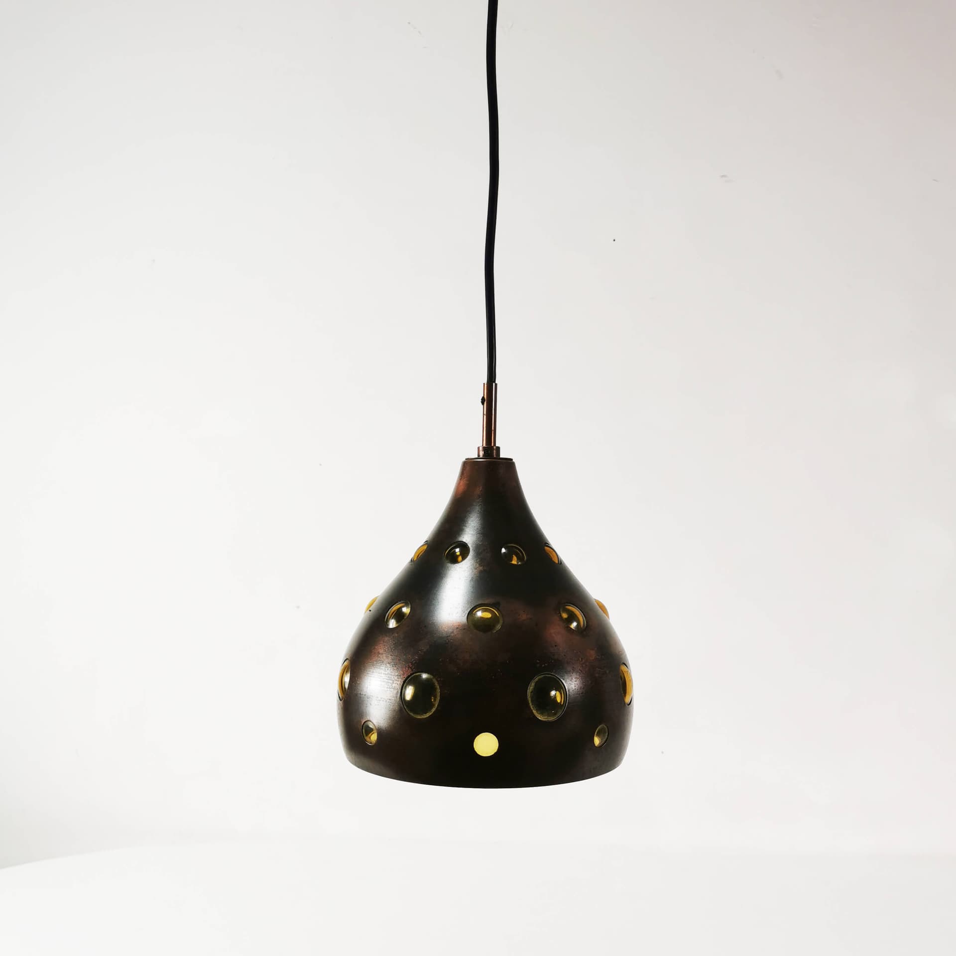Pendant lamp, brown copper, yellow glass, by N. Still, Raak, Netherlands, 1960s. - 362056