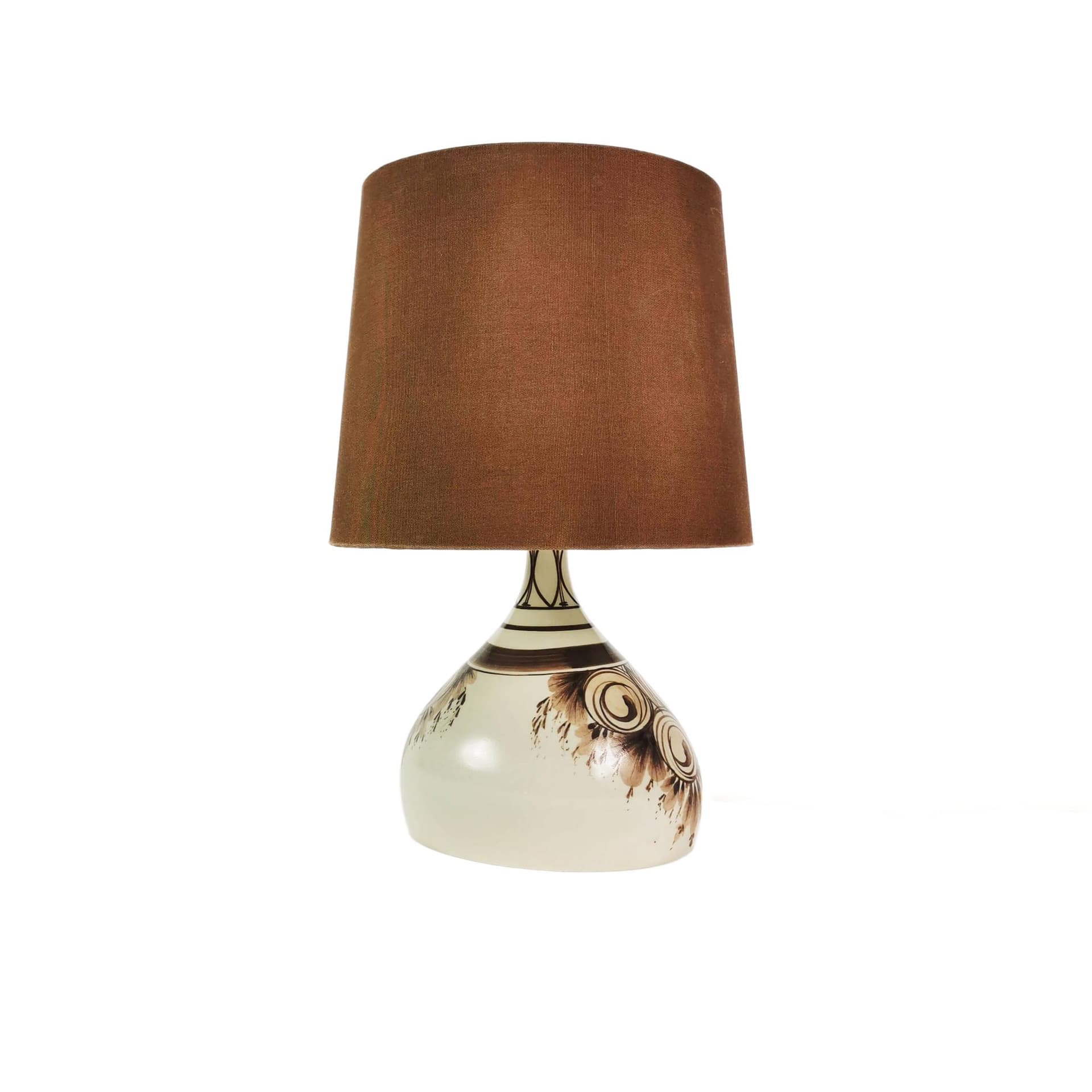 Table lamp Mid Century, white ceramic, brown fabric, by B. Wiinblad, Rosenthal, Germany, 1960s.