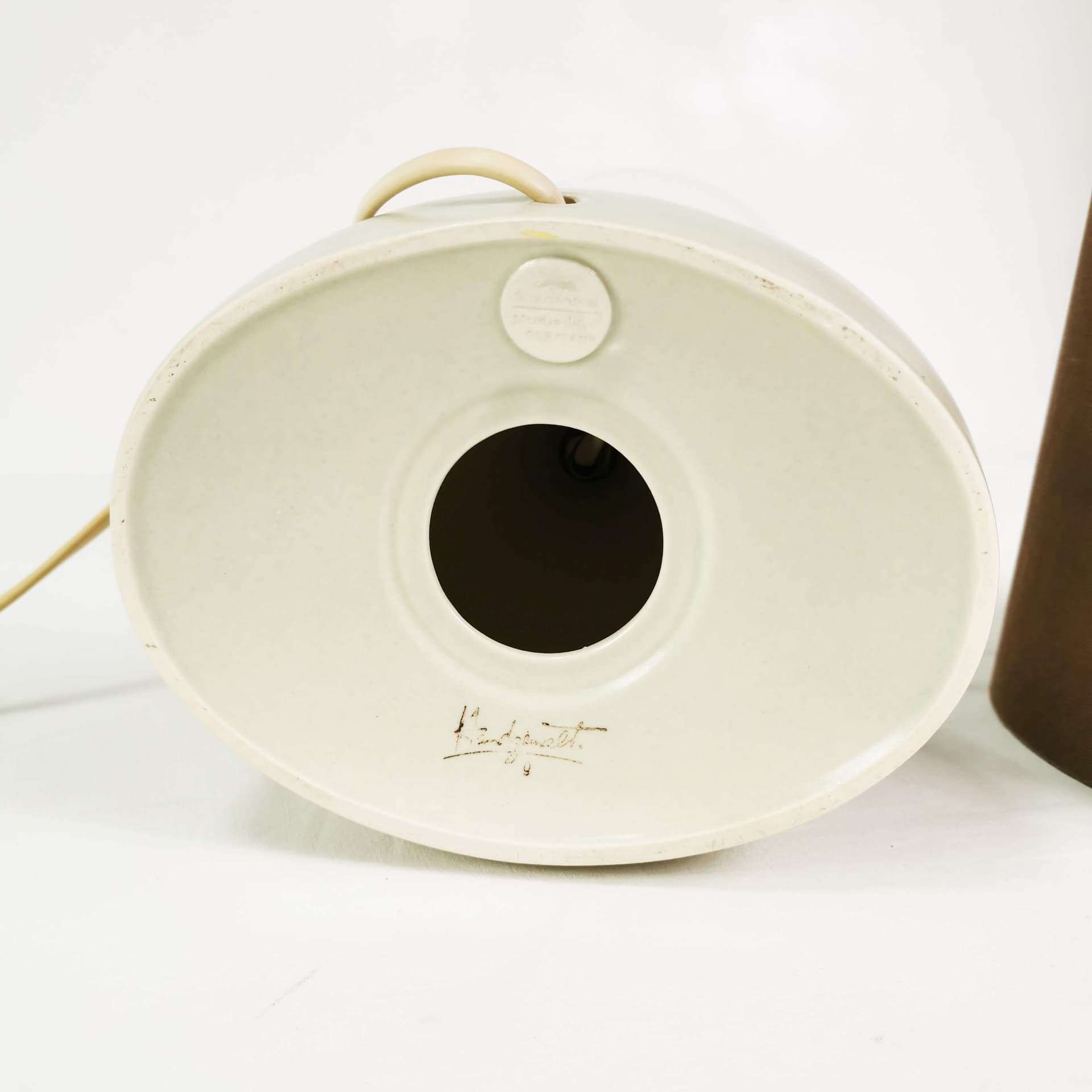Table lamp Mid Century, white ceramic, brown fabric, by B. Wiinblad, Rosenthal, Germany, 1960s. - 362131