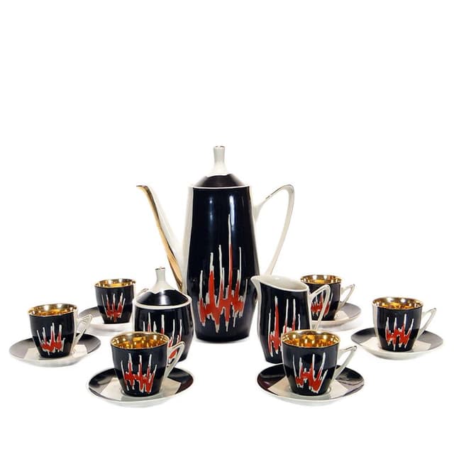 Coffee set Opole, black red white gold porcelain, by L. Kokoszka-Kowalska, K. Kowalski, Poland, 1960s. - DIMENSION