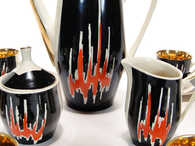 Coffee set Opole, black red white gold porcelain, by L. Kokoszka-Kowalska, K. Kowalski, Poland, 1960s. - 362300