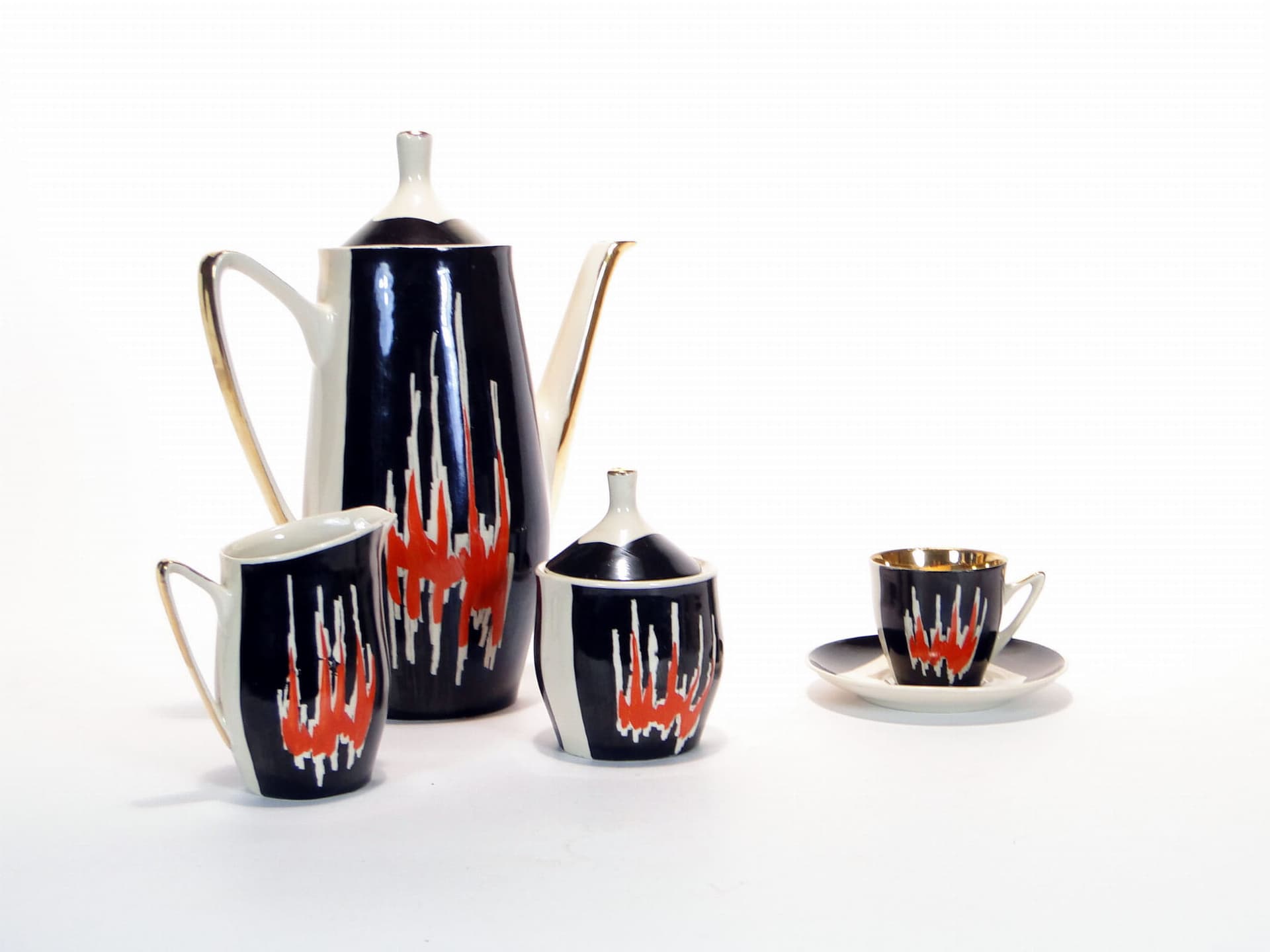 Coffee set Opole, black red white gold porcelain, by L. Kokoszka-Kowalska, K. Kowalski, Poland, 1960s. - 362303