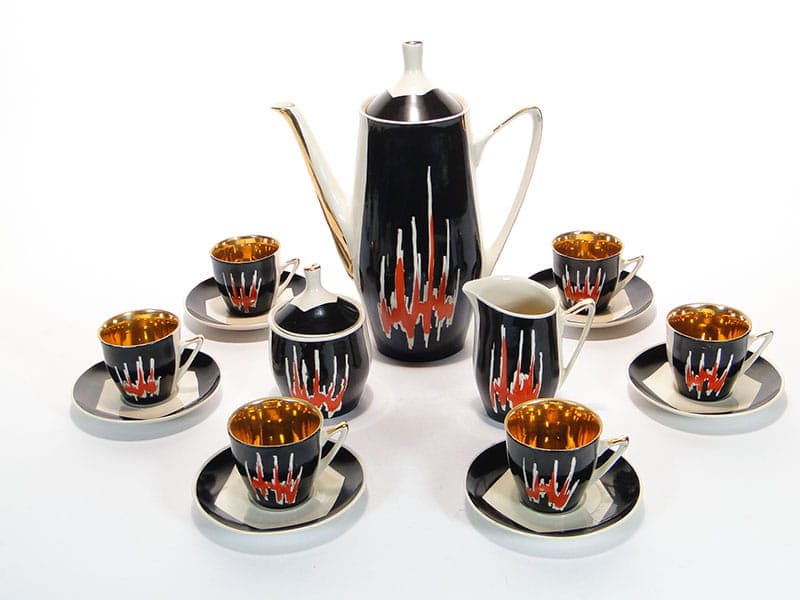 Coffee set Opole, black red white gold porcelain, by L. Kokoszka-Kowalska, K. Kowalski, Poland, 1960s. - 362296