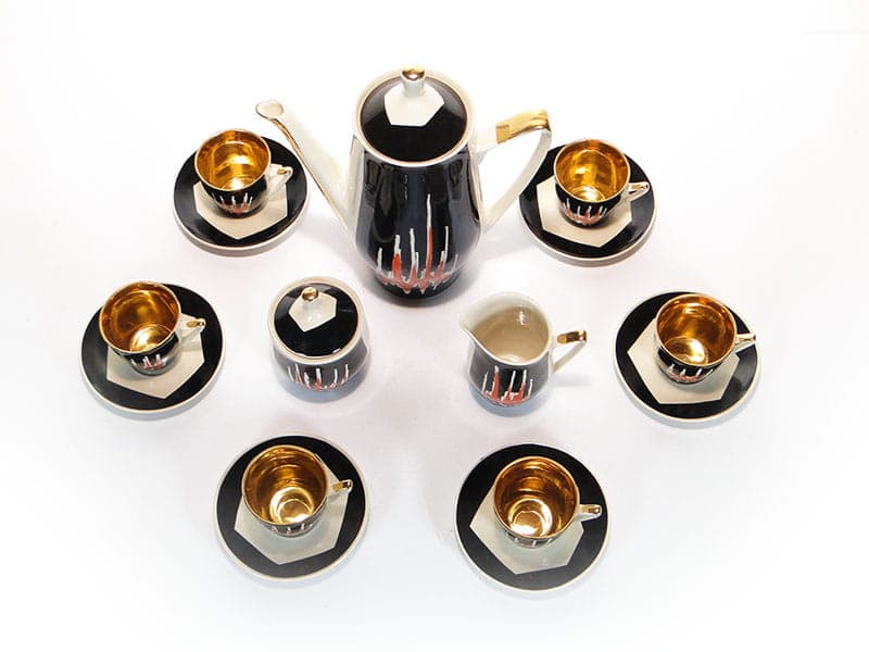 Coffee set Opole, black red white gold porcelain, by L. Kokoszka-Kowalska, K. Kowalski, Poland, 1960s. - 362298