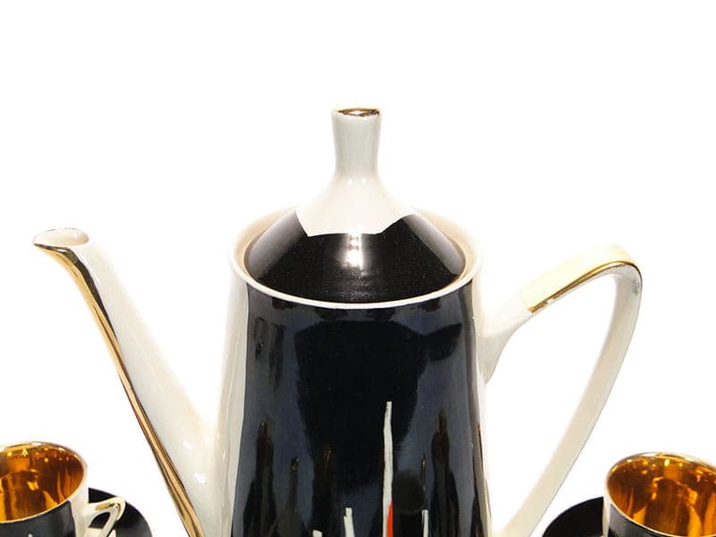 Coffee set Opole, black red white gold porcelain, by L. Kokoszka-Kowalska, K. Kowalski, Poland, 1960s. - 362299