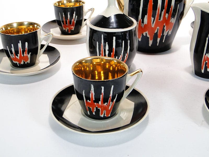 Coffee set Opole, black red white gold porcelain, by L. Kokoszka-Kowalska, K. Kowalski, Poland, 1960s. - 362295