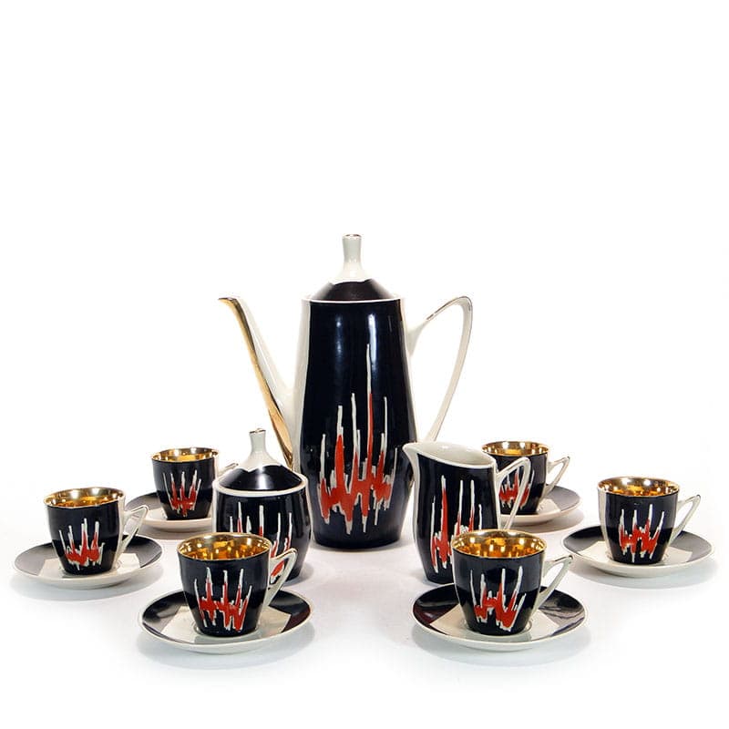 Coffee set Opole, black red white gold porcelain, by L. Kokoszka-Kowalska, K. Kowalski, Poland, 1960s. - 362294