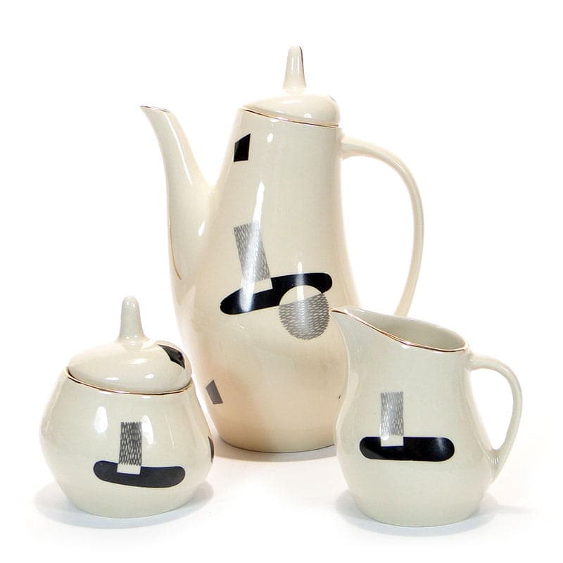 Coffee set Ewa, beige black silver grey, stoneware, Zakłady Porcelitu Stołowego Tułowice, Poland, 1960s. - 362314
