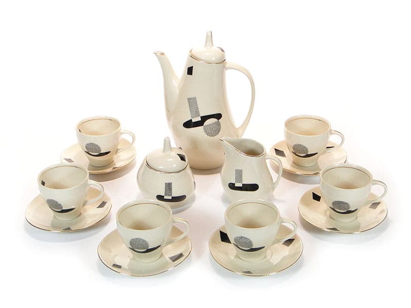 Coffee set Ewa, beige black silver grey, stoneware, Zakłady Porcelitu Stołowego Tułowice, Poland, 1960s. - 362307