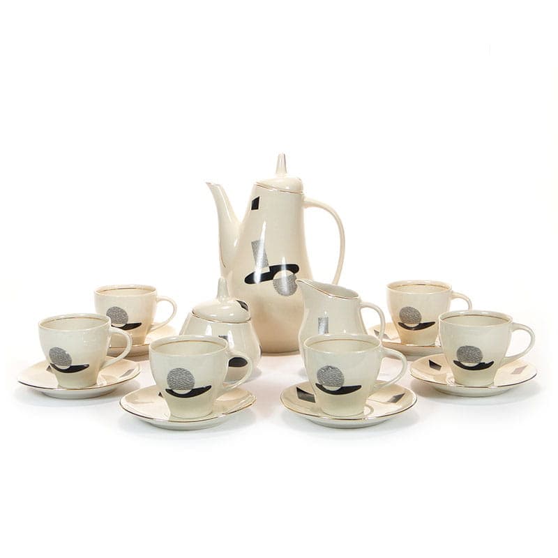 Coffee set Ewa, beige black silver grey, stoneware, Zakłady Porcelitu Stołowego Tułowice, Poland, 1960s. - 362306