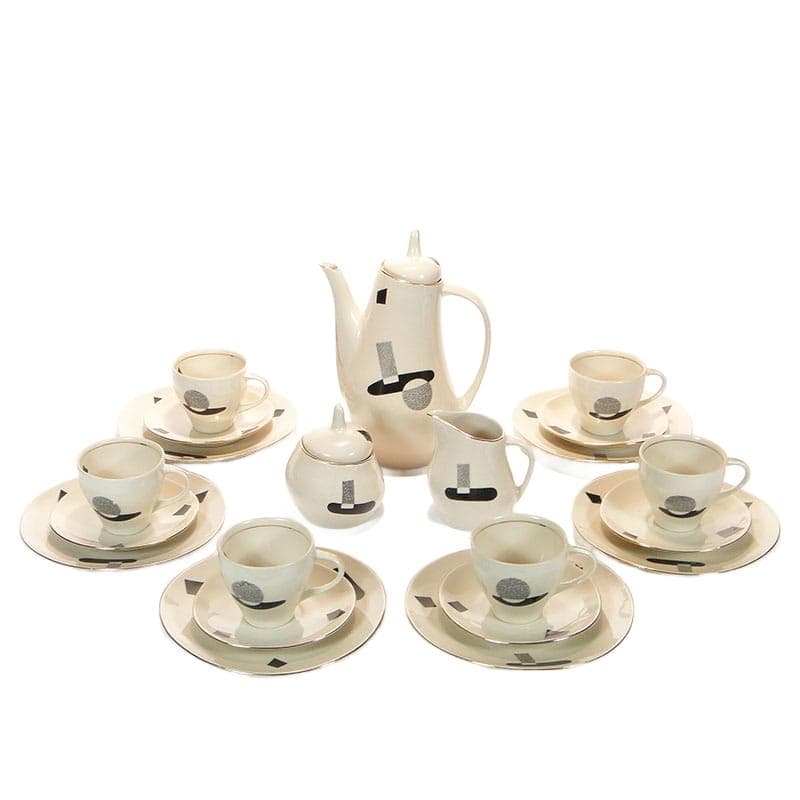 Coffee set Ewa, beige black silver grey, stoneware, Zakłady Porcelitu Stołowego Tułowice, Poland, 1960s.