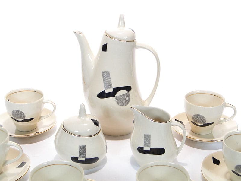 Coffee set Ewa, beige black silver grey, stoneware, Zakłady Porcelitu Stołowego Tułowice, Poland, 1960s. - 362316