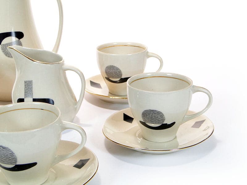 Coffee set Ewa, beige black silver grey, stoneware, Zakłady Porcelitu Stołowego Tułowice, Poland, 1960s. - 362315