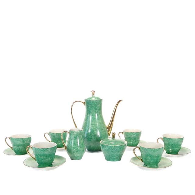 Coffee set Sonia, green white gold, porcelain, by W. Gołajewska, Pruszków, Poland, 1960s. - DIMENSION