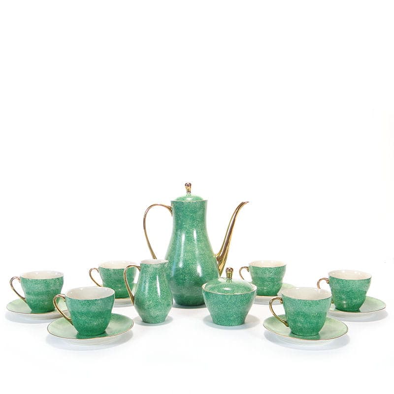 Coffee set Sonia, green white gold, porcelain, by W. Gołajewska, Pruszków, Poland, 1960s. - 362321