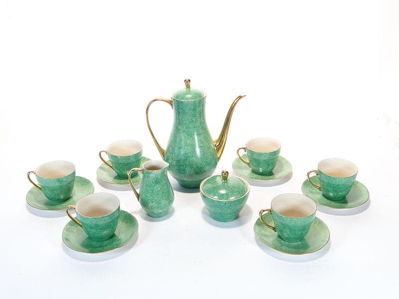 Coffee set Sonia, green white gold, porcelain, by W. Gołajewska, Pruszków, Poland, 1960s. - 362330