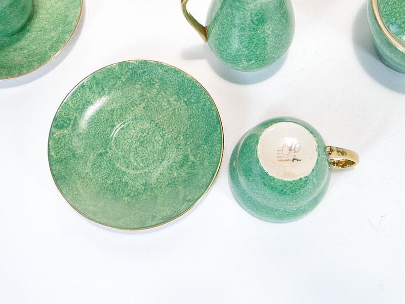 Coffee set Sonia, green white gold, porcelain, by W. Gołajewska, Pruszków, Poland, 1960s. - 362324