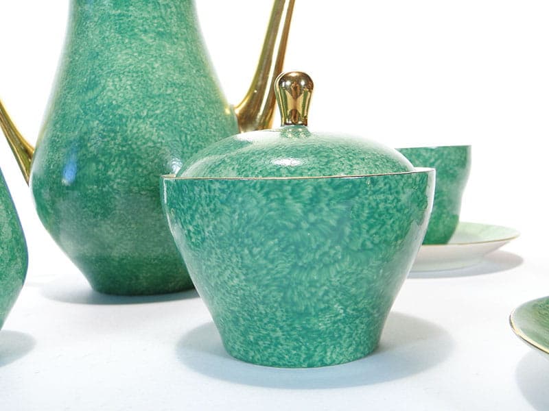 Coffee set Sonia, green white gold, porcelain, by W. Gołajewska, Pruszków, Poland, 1960s. - 362328