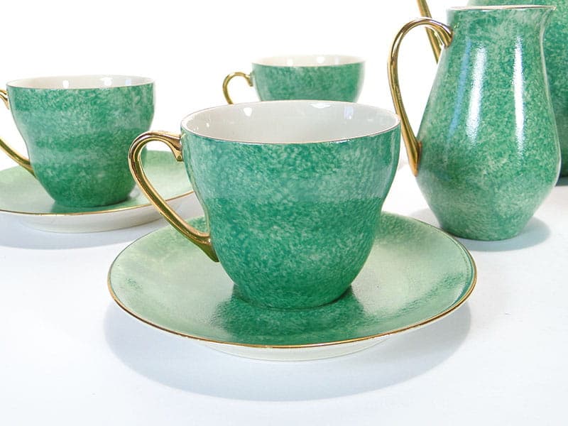 Coffee set Sonia, green white gold, porcelain, by W. Gołajewska, Pruszków, Poland, 1960s. - 362327