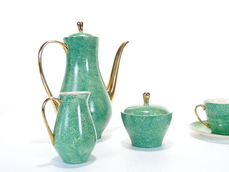 Coffee set Sonia, green white gold, porcelain, by W. Gołajewska, Pruszków, Poland, 1960s. - 362320