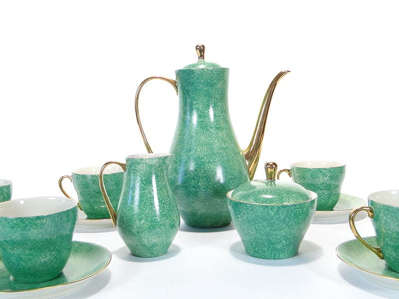 Coffee set Sonia, green white gold, porcelain, by W. Gołajewska, Pruszków, Poland, 1960s. - 362329