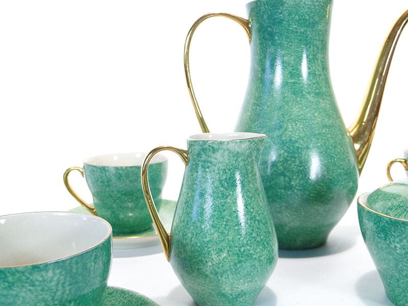 Coffee set Sonia, green white gold, porcelain, by W. Gołajewska, Pruszków, Poland, 1960s. - 362326