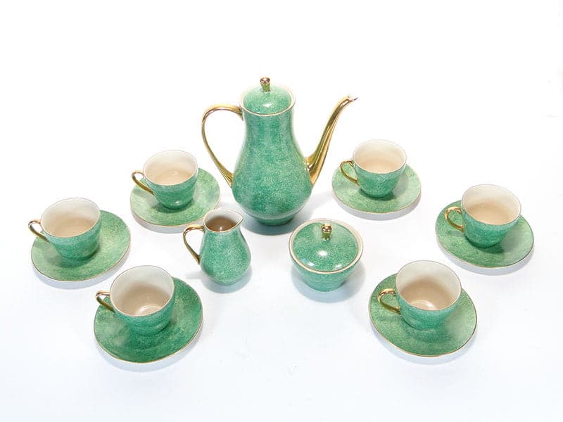 Coffee set Sonia, green white gold, porcelain, by W. Gołajewska, Pruszków, Poland, 1960s. - 362325
