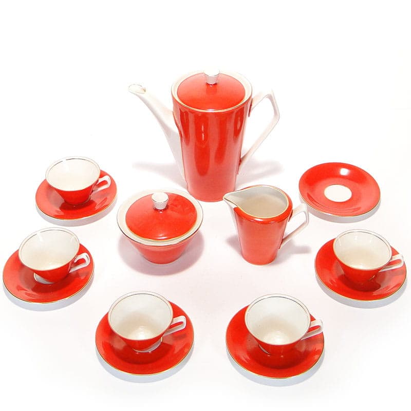 Mocha set Elżbieta, red white gold porcelain, by W. Górski, Poland, 1950s - 362334