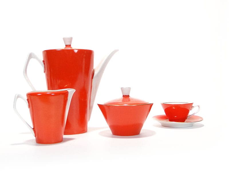Mocha set Elżbieta, red white gold porcelain, by W. Górski, Poland, 1950s - 362342