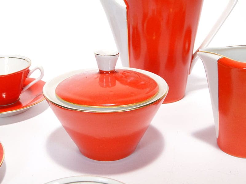 Mocha set Elżbieta, red white gold porcelain, by W. Górski, Poland, 1950s - 362336