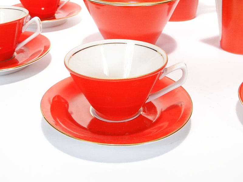Mocha set Elżbieta, red white gold porcelain, by W. Górski, Poland, 1950s - 362332